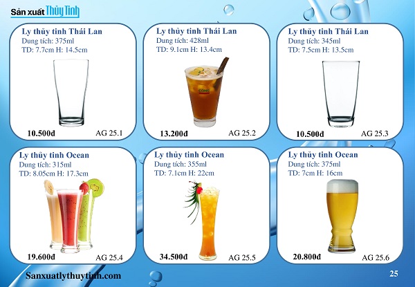 Catalogue bảng báo giá ly thủy tinh nhà hàng khách sạn tại Thủy Tinh An Gia