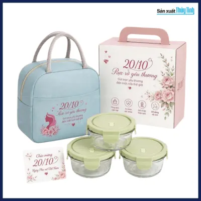 Set 3 hộp thủy tinh tròn kèm túi giữ nhiệt