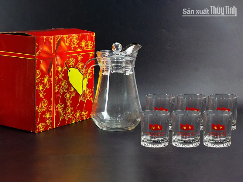 bộ bình ly thủy tinh in logo quà tặng thủy tinh cho đại hội Đảng