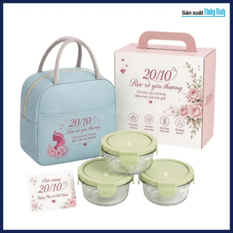 Set 3 hộp thủy tinh tròn kèm túi giữ nhiệt